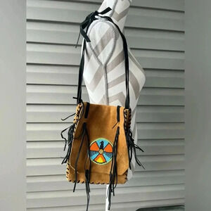 Hand Made In Japan NATIVE BEADED FRINGED Suede Shoulder Bag